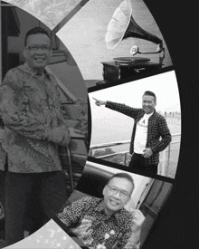 a black and white photo of a man wearing a shirt that says ' a ' on it