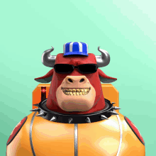 a cartoon bull wearing sunglasses and a hat with the letter n on it