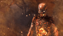 a painting of a burning skeleton with fire coming out of his body