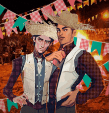 two men wearing straw hats and plaid shirts pose for a picture