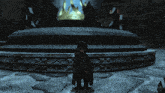 a video game character stands in front of a statue