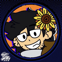 a cartoon character has a sunflower in his hair