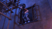 a girl with a backpack climbs a wooden ladder