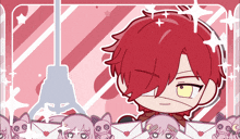 a boy with red hair is surrounded by pink cats