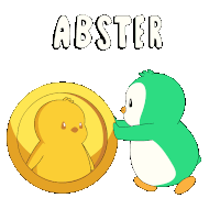a green penguin is holding a gold coin with the word abster written above it