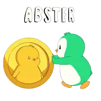 a green penguin is holding a gold coin with the word abster written above it