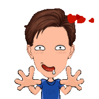 a cartoon of a boy wearing a blue shirt with tqm on it