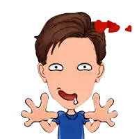 a cartoon of a boy wearing a blue shirt with tqm on it