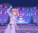 a girl in a white dress is dancing in front of a fountain