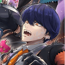 a drawing of a man with blue hair wearing an orange tie