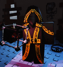 a cartoon character with a hood and a belt that says ' nkth mk ' on it