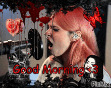a picture of a woman singing into a microphone with the words good morning written on it