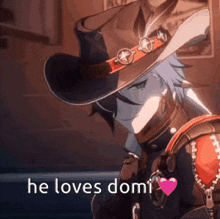 a man in a cowboy hat with the words `` he loves domi '' written above him .