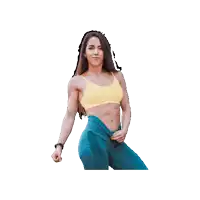 a woman in a yellow top and blue pants is posing for a picture