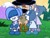 a group of cartoon characters are standing next to each other in a grassy field .