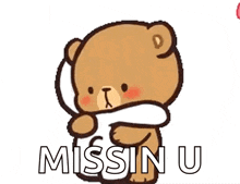 a teddy bear is hugging a stuffed animal with the words missin u written on it