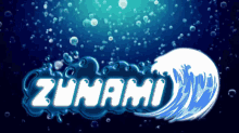 a blue background with bubbles and the word zunami on it