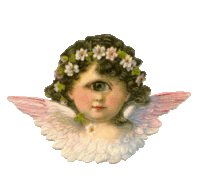 a painting of an angel with one eye and a flower crown on her head
