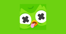 a green cartoon bird with a tongue sticking out and crossed eyes .