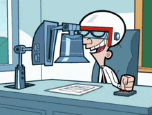 a cartoon character wearing a white helmet and glasses is sitting at a desk