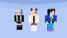 three minecraft characters standing next to each other with one wearing a mask