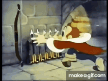 a cartoon character is standing next to a fireplace and holding a bow and arrow .