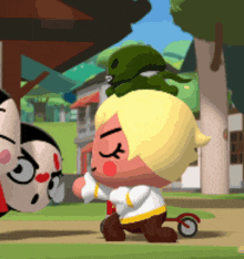 a cartoon character has a frog on his head