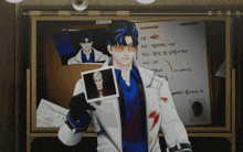 a man in a white coat is holding a picture of a man in a blue shirt