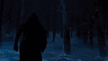 a person in a dark forest holding a red lightsaber