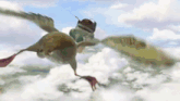 a bird with a hat on its head is flying through the clouds