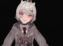 a girl with horns and red eyes is giving the middle finger