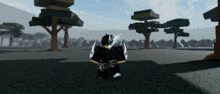 a person in a video game standing in a field with trees in the background