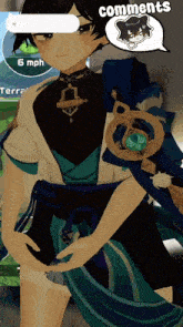 a cartoon character with a speech bubble that says comments on it