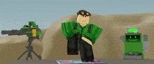 a cartoon character in a green shirt and goggles stands in front of a green machine