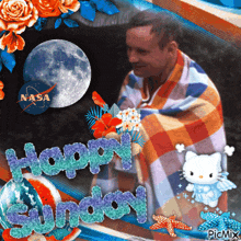 a picture of a man wrapped in a towel with the words happy sunday on the bottom