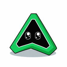 a green triangle with two eyes and a shadow on a white background