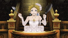 a woman in a wedding dress is holding a spoon and a frying pan