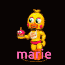 chica from five nights at freddy 's is holding a cupcake and the name marie is on the bottom