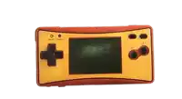 a red and yellow video game controller with a green screen