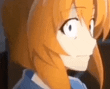 a close up of a cartoon character with orange hair and white eyes .