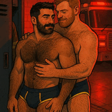 a cartoon drawing of two men hugging each other