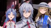 three anime characters are standing next to each other with one wearing a hat