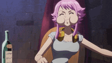 a girl with pink hair is making a funny face in front of a bottle of wine with a label that says " wine "