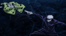 a cartoon character with white hair and a purple mask