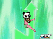 a cartoon of a panda wearing sunglasses and a chain around his neck is sitting on a green arrow