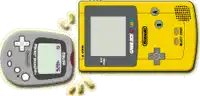 a yellow game boy next to a grey game boy controller
