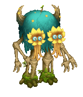 a cartoon monster with horns and yellow flowers on its face