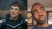 a man in a space suit and a man in a blue shirt are looking up at something .