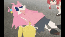 a cartoon of a girl laying on the ground with a pink sweater on