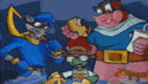 a group of cartoon characters are standing around a table .